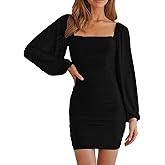 MEROKEETY Women Square Neck Lantern Long Sleeve Mesh Ruched Bodycon Clubwear Mini Dress
