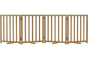 Purbambo Freestanding Dog Gate for Small Dogs, 4-Panel Foldable Wooden Pet Fence for Stairs, Doorway, Hallways, Support Feet Included, 24" x 81"