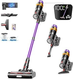 Akku Staubsauger 50000Pa/600W/65Mins 1,8L Staubsauger Kabellos mit OLED-Display. Verwicklungsfrei Staubsauger,8-lagige Filterung,geeignet für Hartböden, Teppiche und Tierhaare
