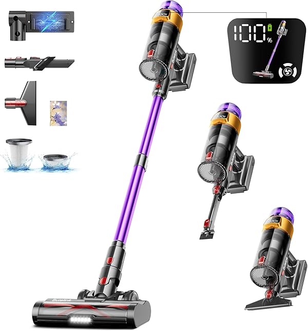 Akku Staubsauger 50000Pa/600W/65Mins 1,8L Staubsauger Kabellos mit OLED-Display. Verwicklungsfrei Staubsauger,8-lagige Filterung,geeignet für Hartböden, Teppiche und Tierhaare