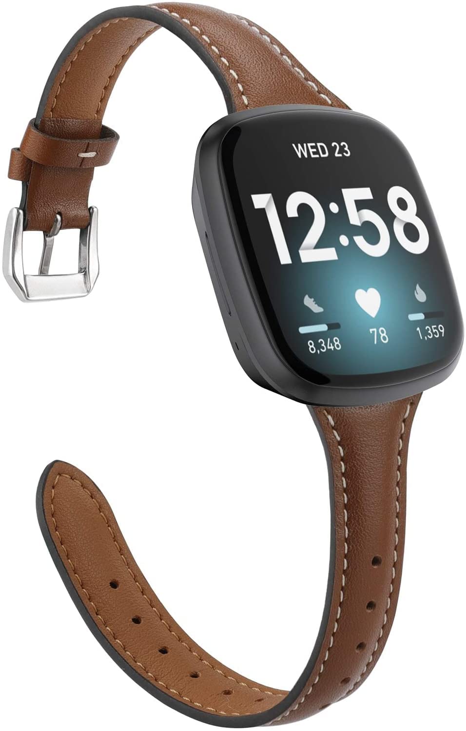 Wearlizer Compatible with Fitbit Versa 4/ Versa 3/ Sense 2/ Sense Strap for Women, Top Grain Genuine Thin Leather Replacement Wristband for Women for Versa 4 Smart Watch Band (Brown)