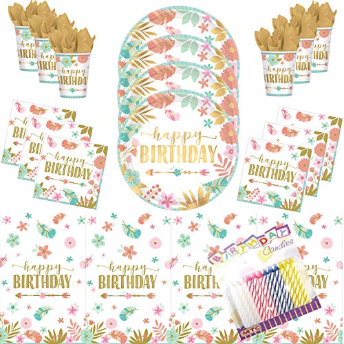 Boho-Birthday-Girl-Party-Supplies-Pack-Serves-16-Dessert-Plates-Beverage-Napkins-Cups-and-Table-Cover-with-Birthday-Candles