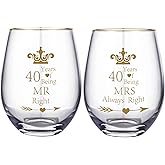HLIKEM Pack of 2 Wine Glass Mr Right Mrs Always Right 40th Wedding Engagement Anniversary Cups for Couples Parents Tumbler 40 Years Anniversary Present Wine tumbler Cups