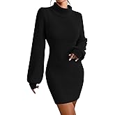 Turtleneck Sweater Dress for Women Lantern Sleeve Bodycon Pullover Mini Sweater Dress Stretchable Elasticity Slim
