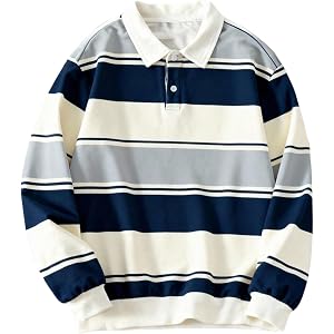 SHENHE Men's Striped Collared Sweatshirt Drop Shoulder Loose Rugby Shirt Preppy Pullover