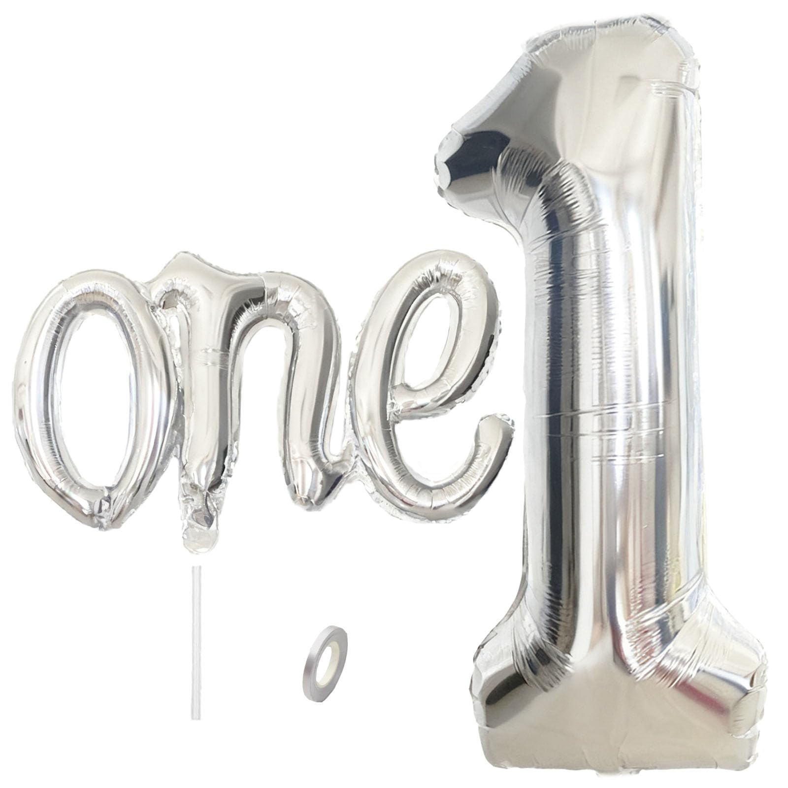 WEILINZHOU 2Pcs Silver One Balloon Set, 40inch Large Foil Silver Number 1 Balloon and 26inch Script Letter One Banner for Boy or Girl 1st Birthday Decorations