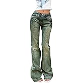 EMMIOL Women Mid-High Waisted Flare Jeans Y2K 90s Vintage Stretchy Bootcut Wide Leg Denim Pants Bell Bottom Medium Blue-Green