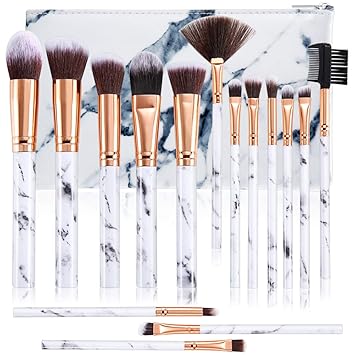 Start Makers Marble Pattern Makeup Brushes Set with Make-up Bag and Sponge, 15 Pieces