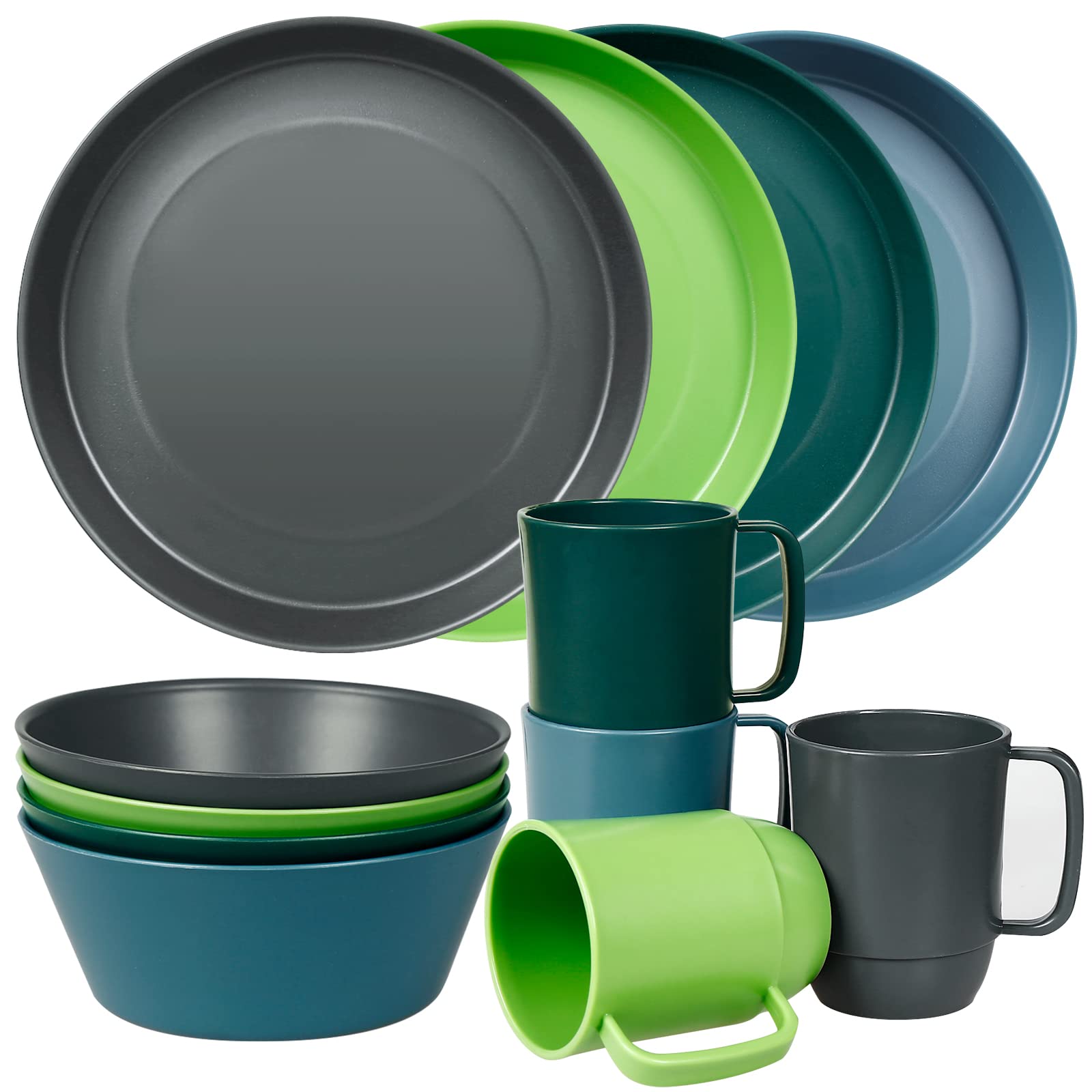Greentainer Plastic Unbreakable Dinnerware Sets,12PCS Camping Tableware, Lightweight Plates, Bowls and Mugs, Microwave& Dishwasher Safe Plates Set, Service for 4, Great for Kids & Adults