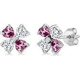 Gem Stone King 925 Sterling Silver Pink Tourmaline White Moissanite and White Lab Grown Diamond Earrings For Women | 1.87 Cttw | Gemstone October Birthstone | Heart Shape 4MM
