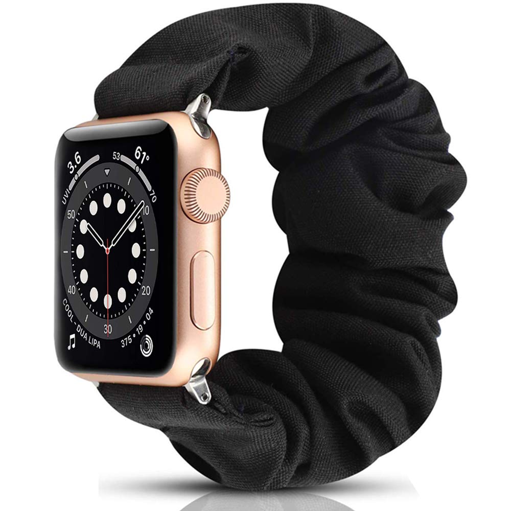 Miimall Compatible with Apple Watch 44mm/42mm Scrunchie Strap, iWatch Elastic Wristband Printed Pattern Comfortable Fabric Bracelet for Apple Watch 5/4/3/2/1 - Black