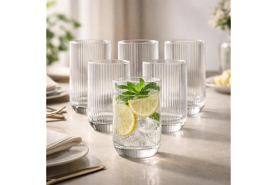 Jogo 6 Copos Vidro Canelado 423ml Elegante Água Suco Refrigerante Drinks | Design Sofisticado, Textura Canelada, Versátil no Dia a Dia, Acabamento Resistente, Uso Completo