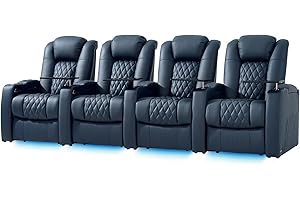 comfiroom Leather Home Theater Seating, Classic Series Top Grain Leather Game Seats Movie Theater Chairs Recliner Sofa with Type-C USB Charger (Blue, Row of 4)