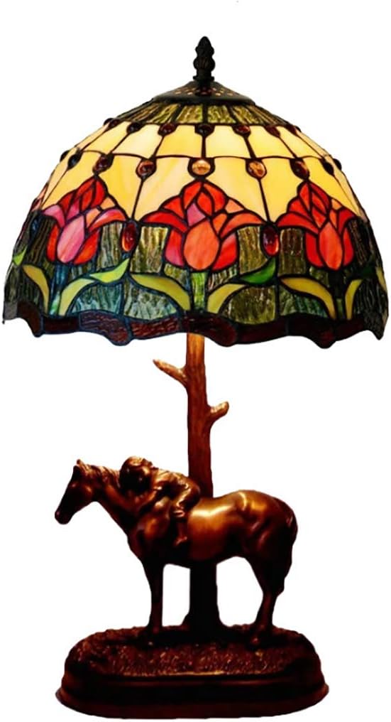 Tiffany Style Tulip Stained Glass Shade Table Lamp 12 Inch Antique Desk Lamp with Horse Carved Resin Base, Beside Living Room Bedroom Decor Lamp