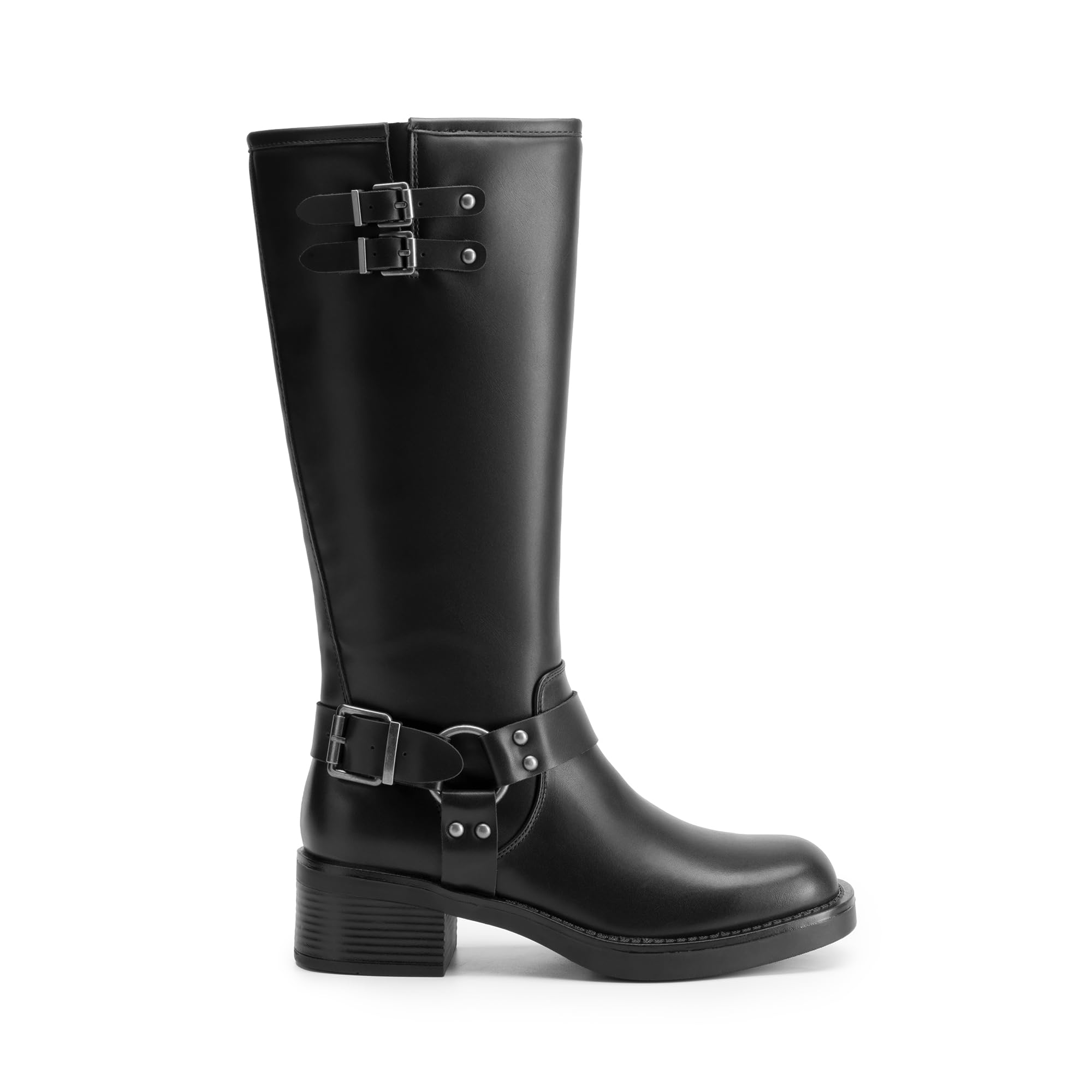 DREAM PAIRS Women's Knee High Boots Side Zipper Motorcycle Boots Square Toe Chunky Low Heel Fashion Buckles Biker Riding Boots