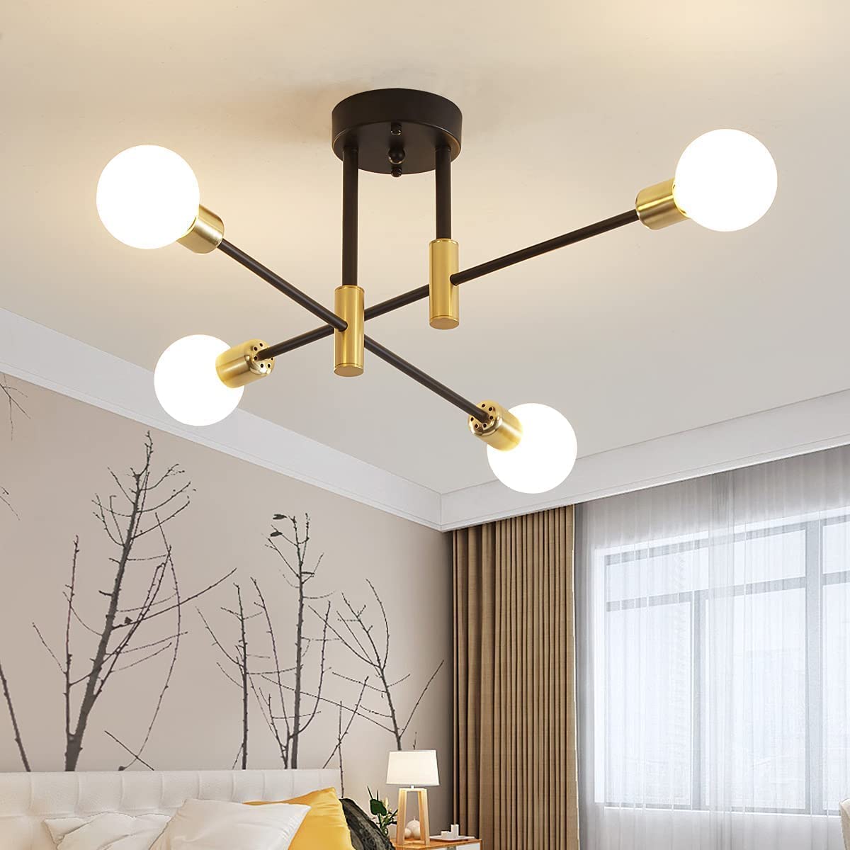 Jasni Sputnik Ceiling Light Chandelier Mid Century Modern Nordic Pendant Lighting 4 Lights Fixture Black Gold Semi-Flush Mount Ceiling Light for Bedroom,Dining Room,Kitchen,Office,Hallway (4-Light)