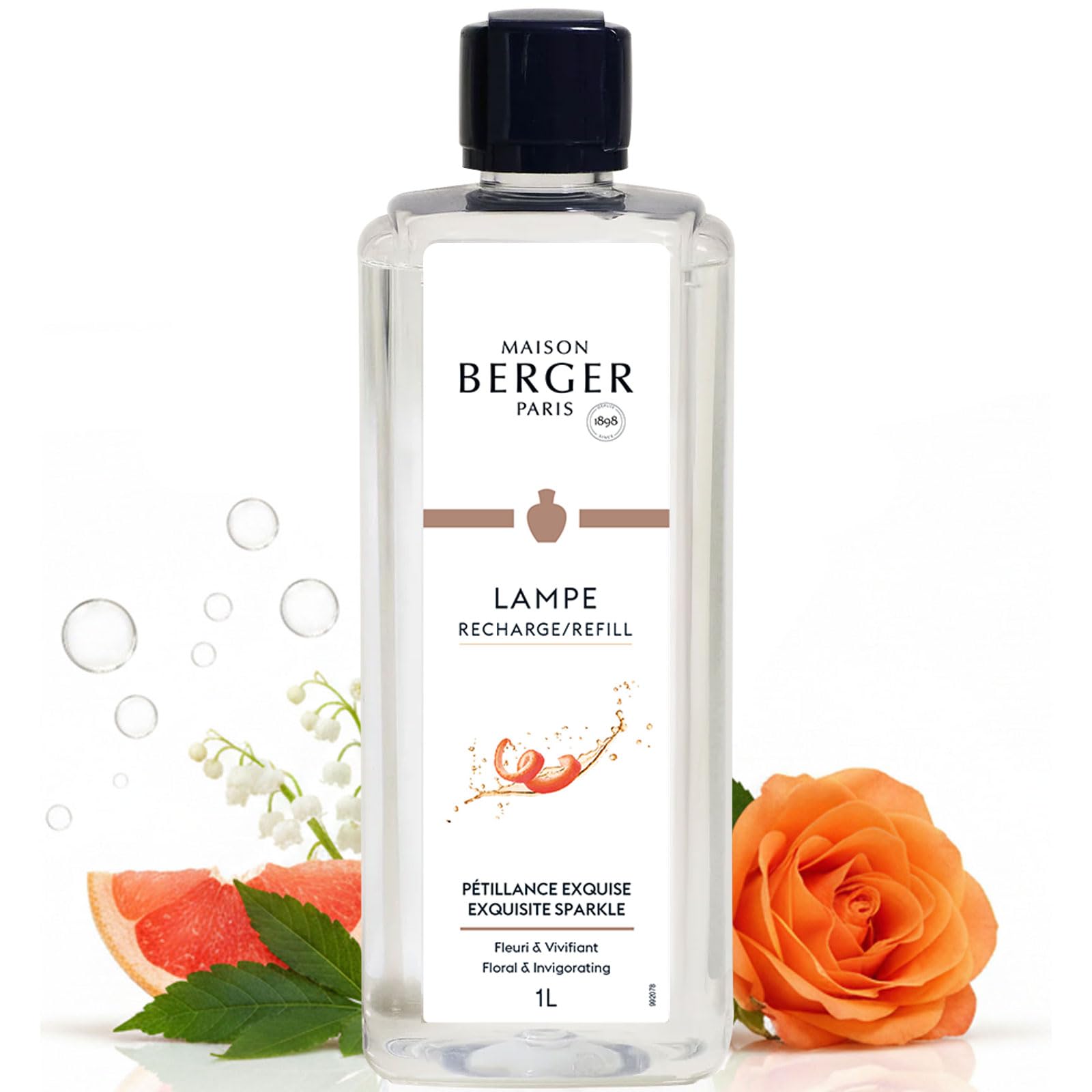 MAISON BERGER Exquisite Sparkle Lamp Berger Fragrance Refill, 1 Liter – 2-in-1 Catalytic System, Neutralizes Odours Then Diffuses Fragrance, Sparkling Grapefruit with Floral Champagne Accents
