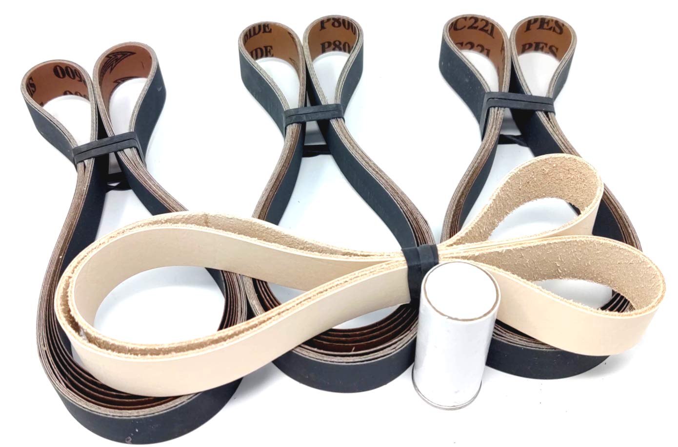 1X42 Knife Sharpening Belt Kit with Super Strop Leather Honing Belt & 15 Pack of Premium Quality Silicon Carbide Sharpening Sanding Belts 600, 800, 1000 Grit