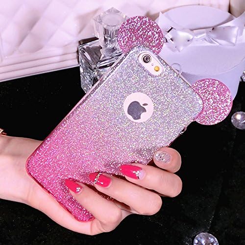 Naoho® New Fashion Luxury Super Bling Shedding Gradient TPU Soft Mouse Ears Pattern Case for iPhone 6/6s Plus 5.5inch Back Cover With Long Lanyard, Shedding Paper Can Take Off (Pink color)