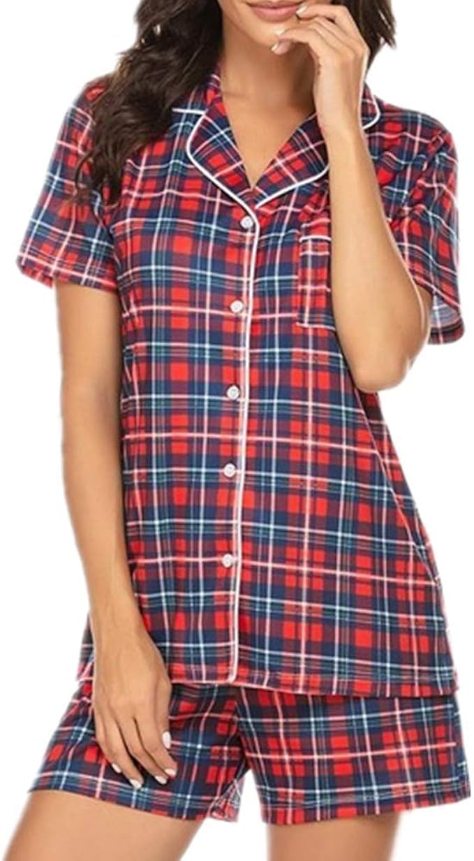 Damen-Schlafanzug-Set, kurzärmelig, Hemden, Shorts, gepunktet, kariert, Pyjama-Set, weibliche ...