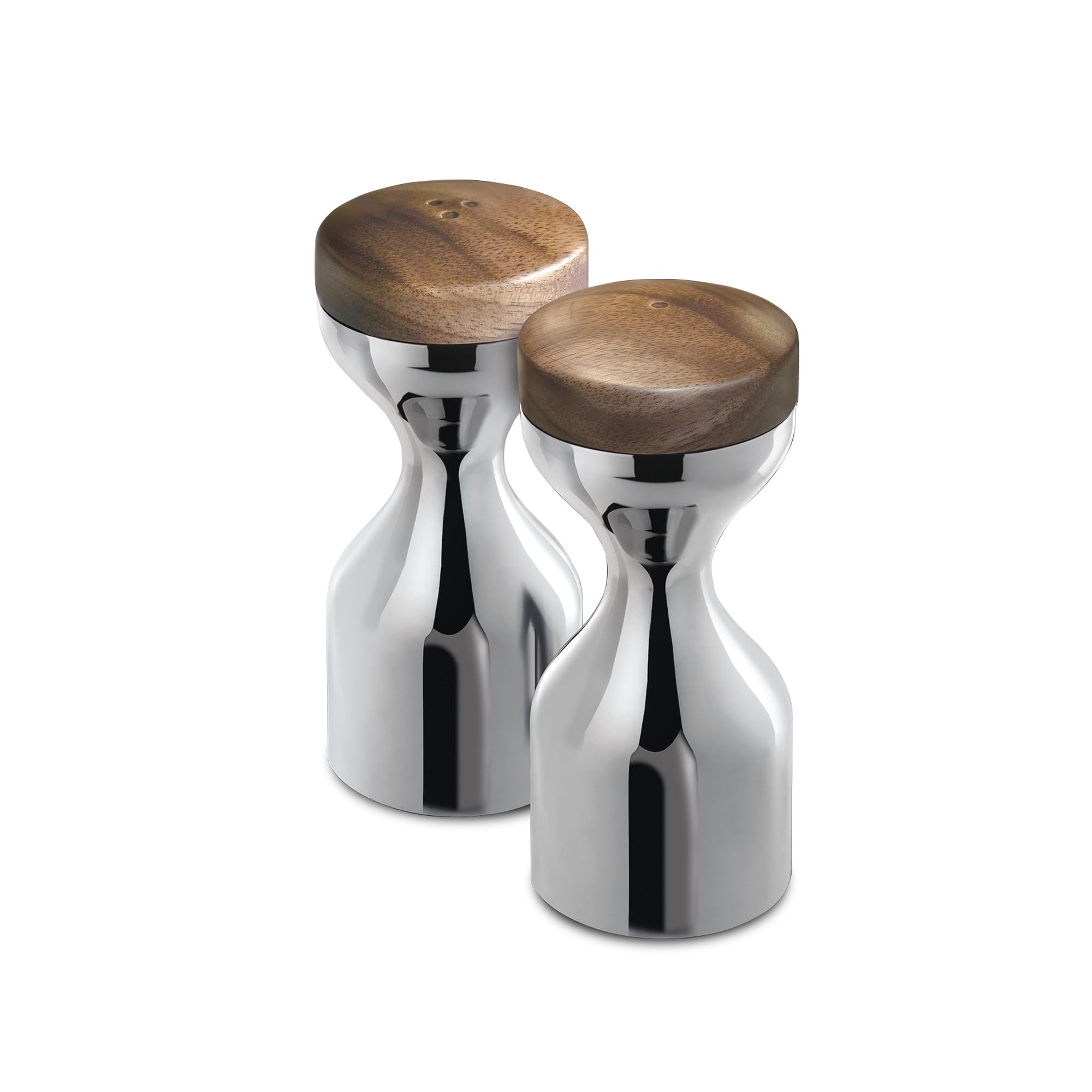Limbrey Bright Salt & Pepper Mills Set. Made from 18/10 Stainless Steel, Walnut Top. 10 Year Guarantee.
