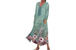 OIUCVGB Wedding Guest Dresses for Women Casual Print 3/4 Sleeve Cotton Linen Plus Size Elegant Party Dress with Pockets