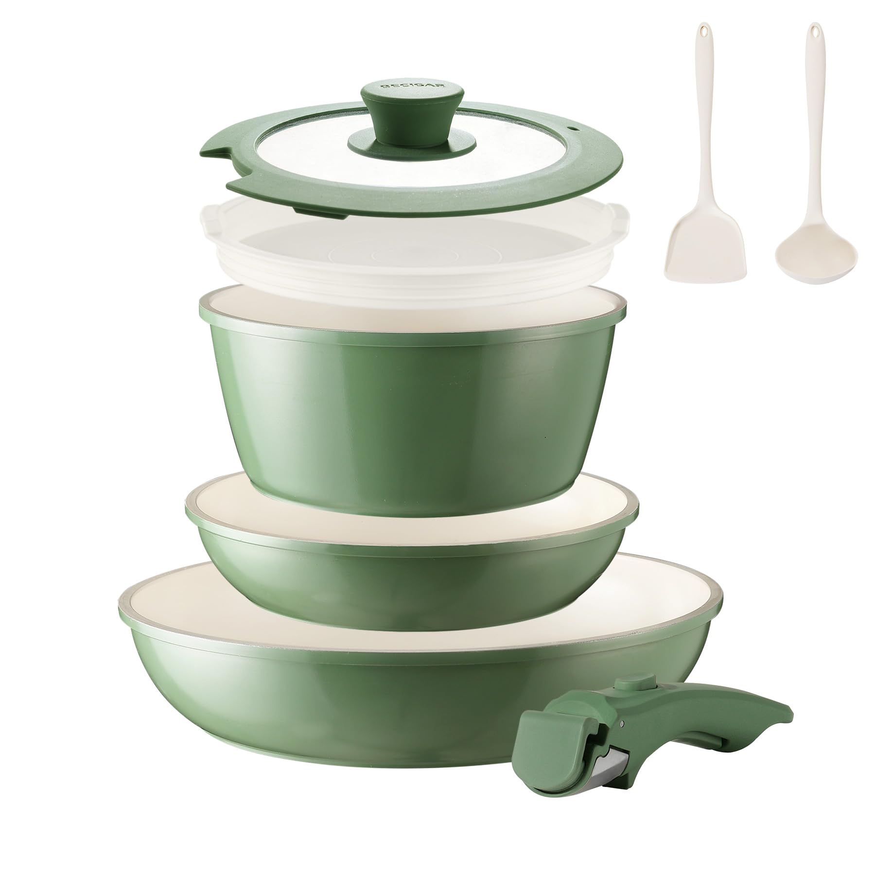 BECIGAR 8PCS Ceramic Cookware,Nonstick Ceramic Pan, Removable Handle Pots and Pans Set, Stackable Set, Nonstick Pan Pots and Pans Set Non Stick pot (Green) Image