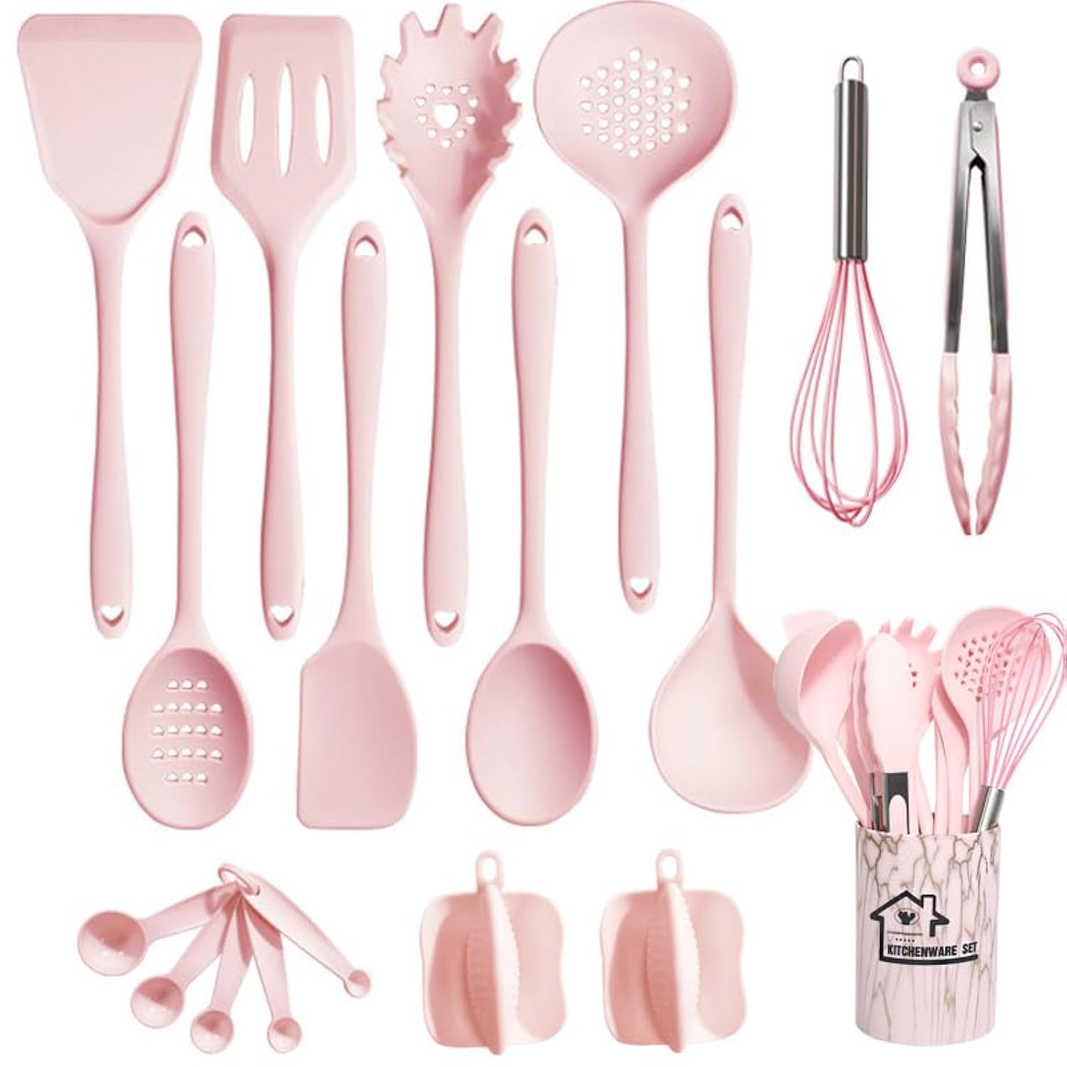 UXIYI Silicone Utensil Set Kitchen Utensils, 18pcs Cooking Utensils Set, Including Turner Spatula Tong Spoon Non-Stick Heat Resistant Cooking Gadgets,Pink