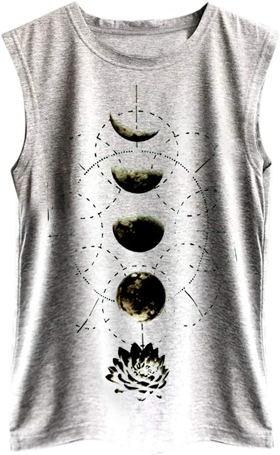 Lazzboy Women's Moon Cycle/Cat/Fox/Feather Sleeveless Round Neck Vest Loose Top