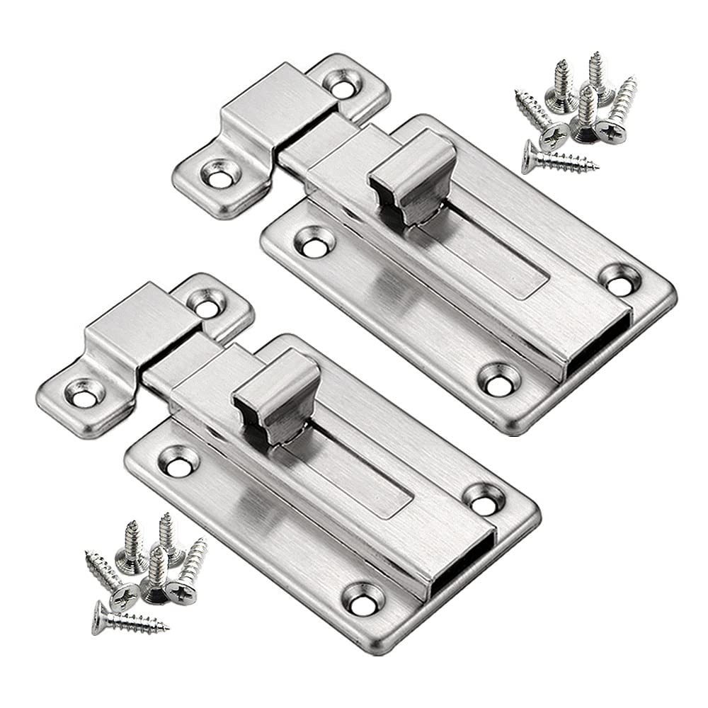 YUOIP® Door Lock Gate Bolts 3" Stainless Steel Door Latch Gate Latch Sliding Bolt for Bathroom Loft Hatch Window Pet Gate (2 Pack)(Stainless Steel Screws)
