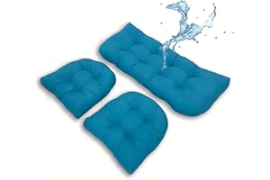 LFNOONE Outdoor Wicker Patio Furniture Cushions 3 Piece Set Waterproof Settee Cushion All-Weather Durable Fluffy Chair Pads,with Ties Loveseat Chair,1 bench cushion 43”x20”&2 U-Chair Pads 19”x19”&Light Blue