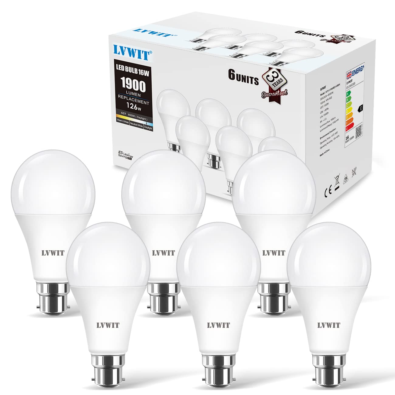 LVWIT B22 LED Bulbs,16W B22 Bayonet Light Bulbs Equivalent to 126W Incandescent Bulb,Cool White 6500K,1900LM Super Bright Daylight,BC GLS Bulbs Energy Saving,Non-dimmable,140mm x 71mm,Pack of 6