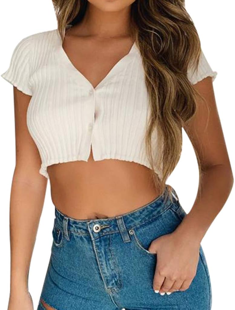 LEKODE Women Solid T-Shirt V-Neck Beach Fashion Short Tops