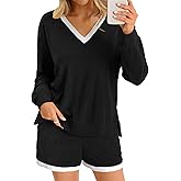 Tankaneo Womens V Neck 2 Piece Pajama Short Sets Color Block Loose Fit Long Sleeve Shirt and High Waisted Shorts Lounge Sets