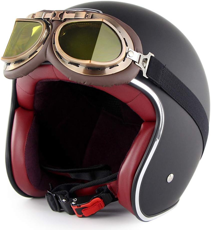 MTCTK Retro moto bicycle half helmet with goggles Vintage motorcycle Three quarters helmet DOT certified safety open face hat,B,M(56~57) CM