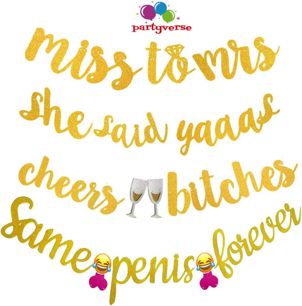 Bachelorette Party Banner Set of FOUR - Funny Pre-Strung Gold Wedding Engagement Bridal Shower Decorations Supplies For Bride To Be
