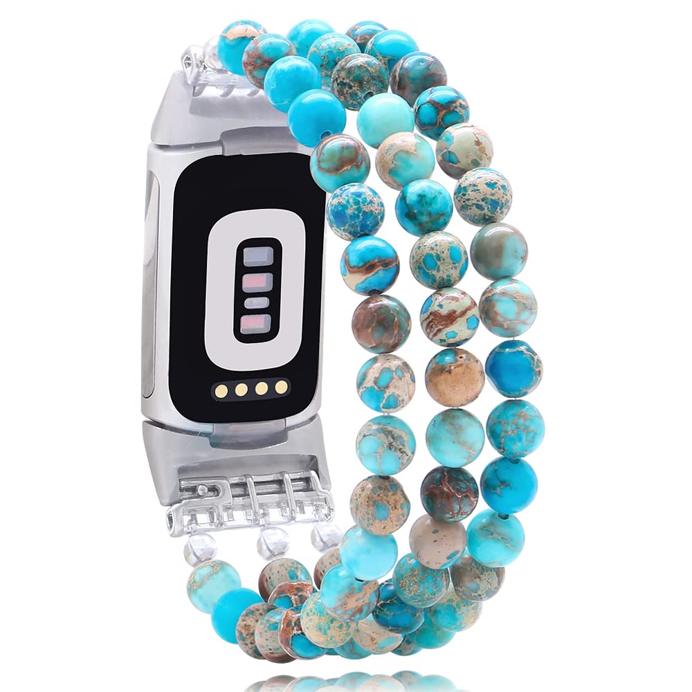 Photo 1 of C&L Accessories Compatible with Fitbit Charge 5/Charge 6 Bands, Natural Gemstone Beaded Adjustable Bracelet Replacement Bands for Women (Blue Light)