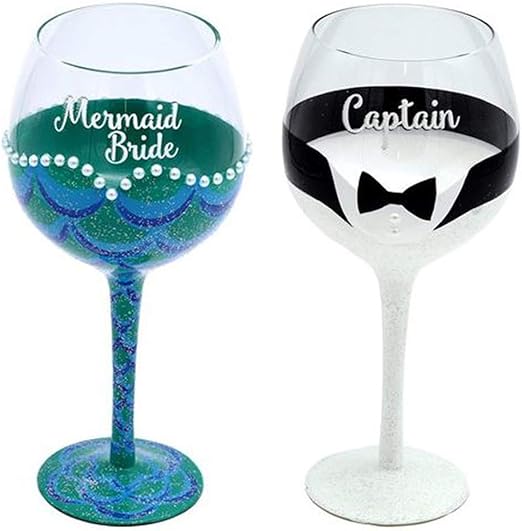 Amazon Com Mermaid Bride And Captain Groom Wine Glasses Stemmed