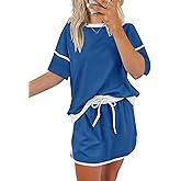 Rapbin Women's 2 Piece Sets Summer Casual Short Sleeve Tops Matching Drawstring Mini Skirt Going Out Lounge Outfits