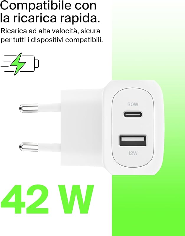 BoostCharge doppio caricatore usb da parete da 42 W, ricarica rapida USB-C + USB-A per iPhone 16,16 Plus,16 Pro,16 Pro Max,15,15 Pro Max, 14,Galaxy S24, Plus,Ultra,iPad,AirPods e altri, bianco