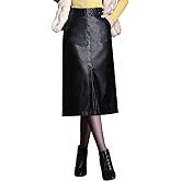 ebossy Women's High Waisted Split Slit Hem A-Line Faux Leather Midi Skirt