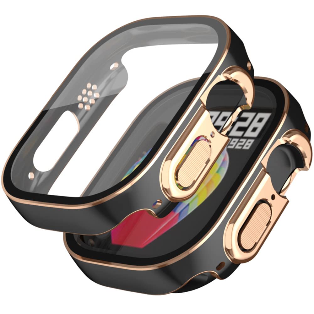 Miimall Case for Apple Watch Ultra 2/1 49mm, Hard PC Bumper with Tempered Glass Screen Protector, Ultra-thin Shell Full Protective Cover for iWatch Ultra - Black+Rose Gold
