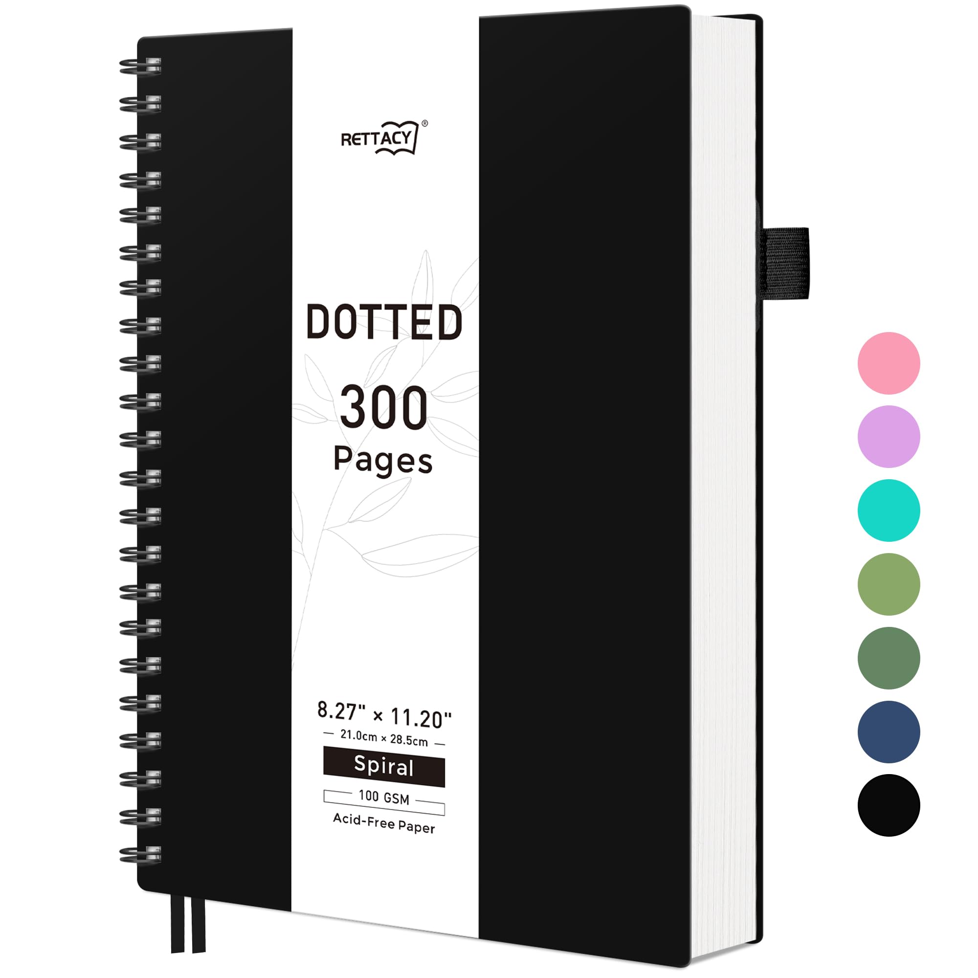 RETTACY Dotted Notebook A4, Bullet Dot Grid Journal, Wirebound Spiral Notebooks 300Pages /150 Sheets for Writing,100gsm, Flexible Plastic Cover, for Women Men Work Office School, 21.5 x 27.9cm - Black