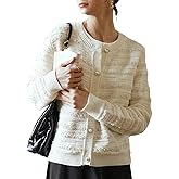 EVAZOU Women's White Sweater, Ribbing Crew Neck Fuzzy Cardigan with Pearl Button, Ladies Long-Sleeve Sweater Coats