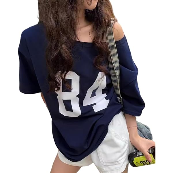 Women's Oversized Jersey Off Shoulder Shirt Crewneck Number