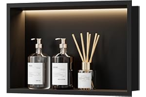 Qeke Stainless Steel Shower Niche 18" X 12", No Tile Needed Wall Niche with Non-Dimmable Led Light, Recessed Shower Niche Lighting for Bathroom Storage Over Mount Installation, Matte Black