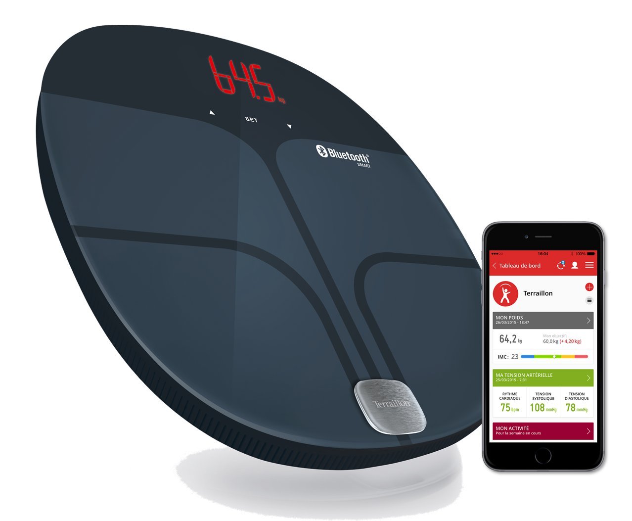 Terraillon Connected Scales, For smartphone/tablet, Body composition analyser, 8 user memories, Bluetooth Smart, Magic LED screen, 160 kg, Web Coach Fit, Charcoal