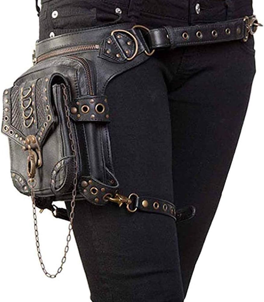 Malayas Cestlafit Leather Vintage Shoulder Bag, Steampunk Punk Handbag, Leather Waist Packs Bag, Leg Bag Gothic, Black, CFB002