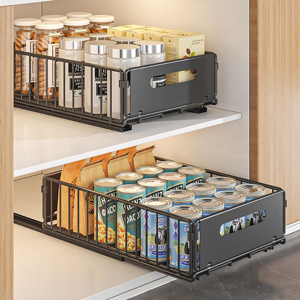 YunNasi Pull Out Cabinet Organizer Slide Out Drawer Storage Shelves Cupboard Organiser Sliding Cabinet Basket for Kitchen with Silent Slide No Drilling and Nailing (Black, 2Piece 38Dx25Wx10H CM)