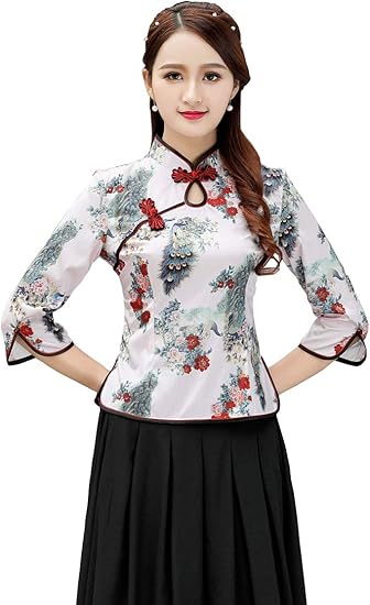 Amazon Shenguang レディース 七分袖 ブラウス 花 孔雀柄 チャイナ服 民族風 上着 チャイナボタン シャツ ブラウス 通販